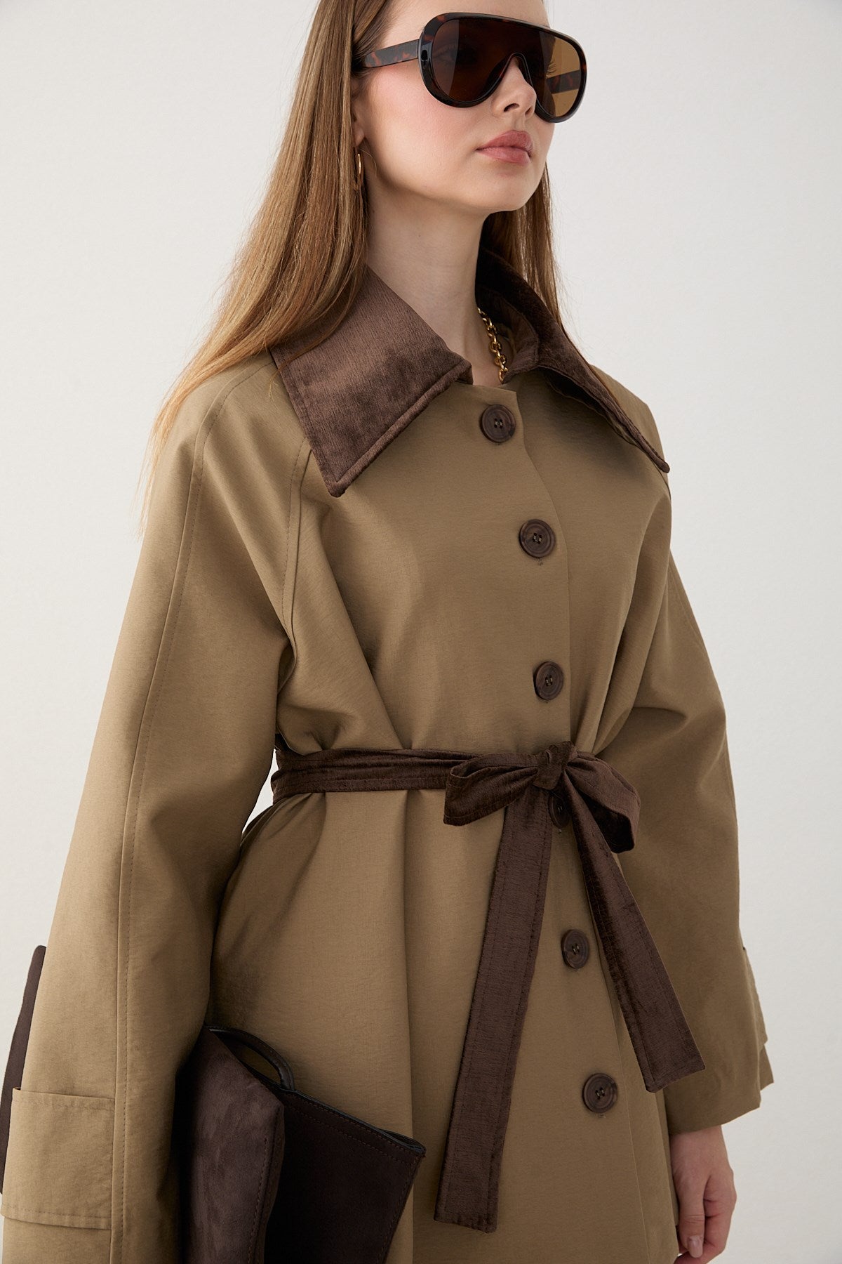 Süet Yakalı Oversize Trenç - Haki