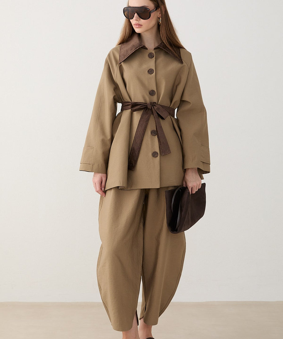 Süet Yakalı Oversize Trenç - Haki