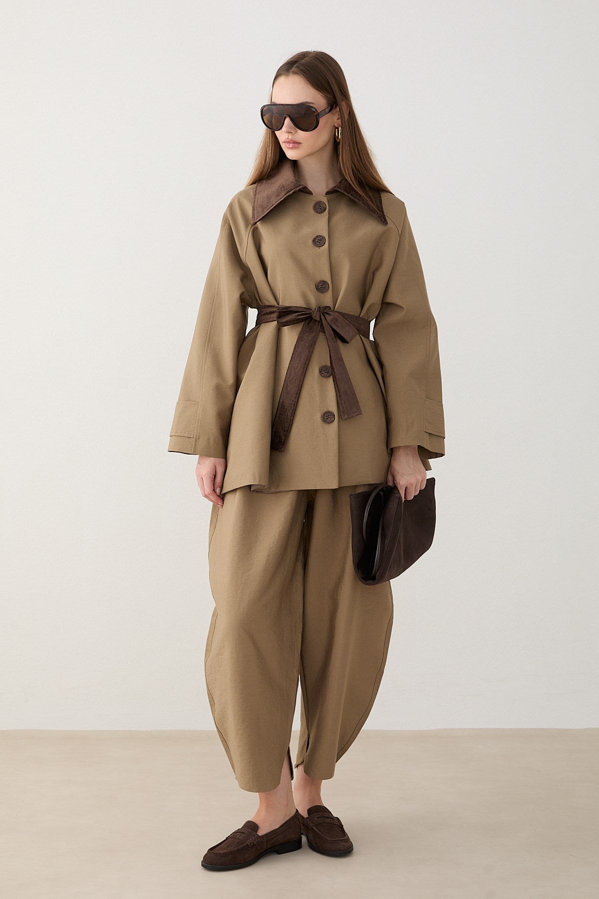 Süet Yakalı Oversize Trenç - Haki