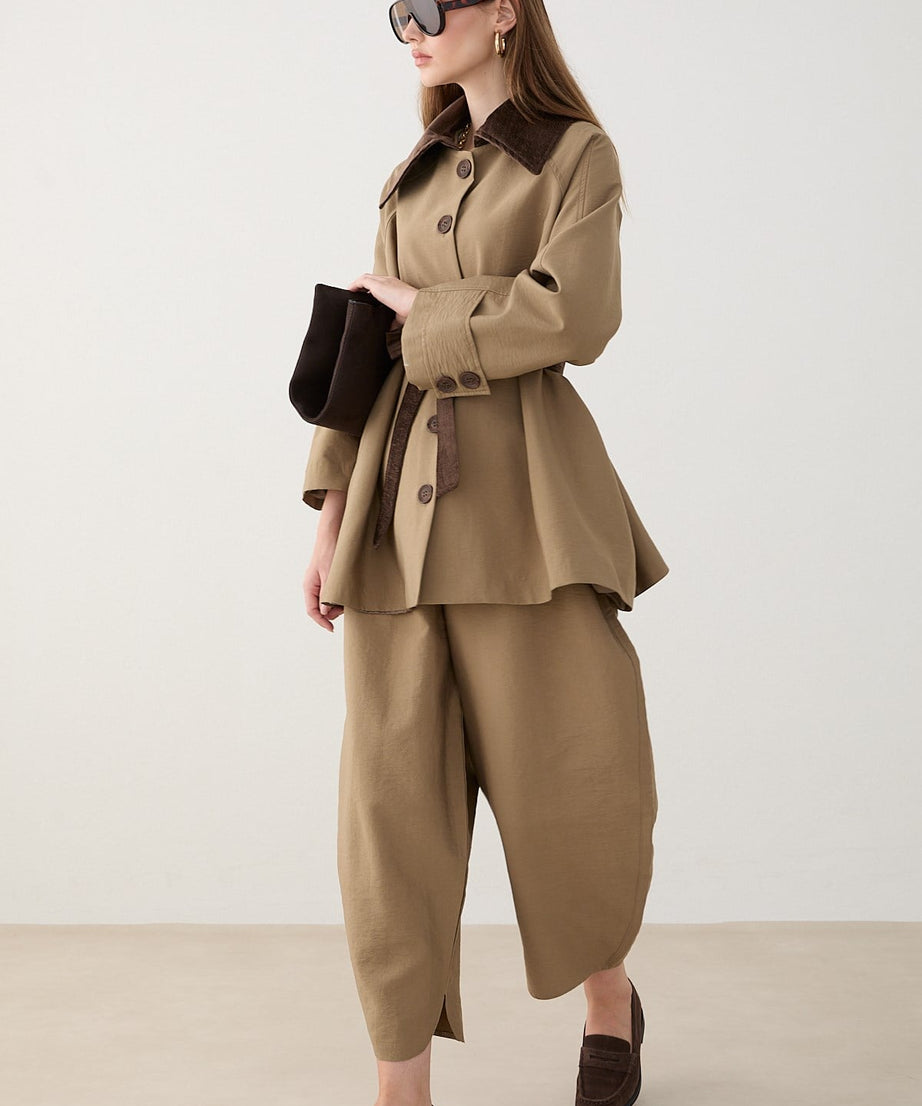 Süet Yakalı Oversize Trenç - Haki