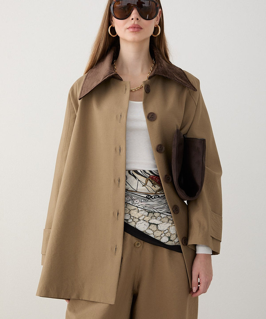 Süet Yakalı Oversize Trenç - Haki