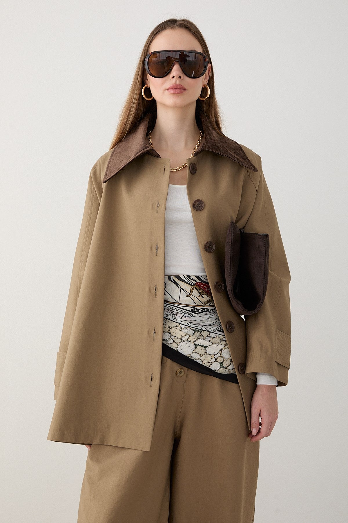Süet Yakalı Oversize Trenç - Haki