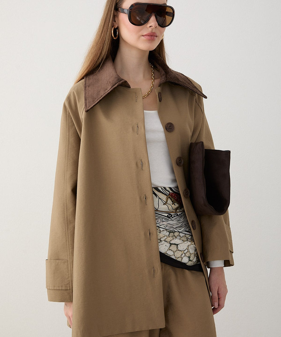 Süet Yakalı Oversize Trenç - Haki