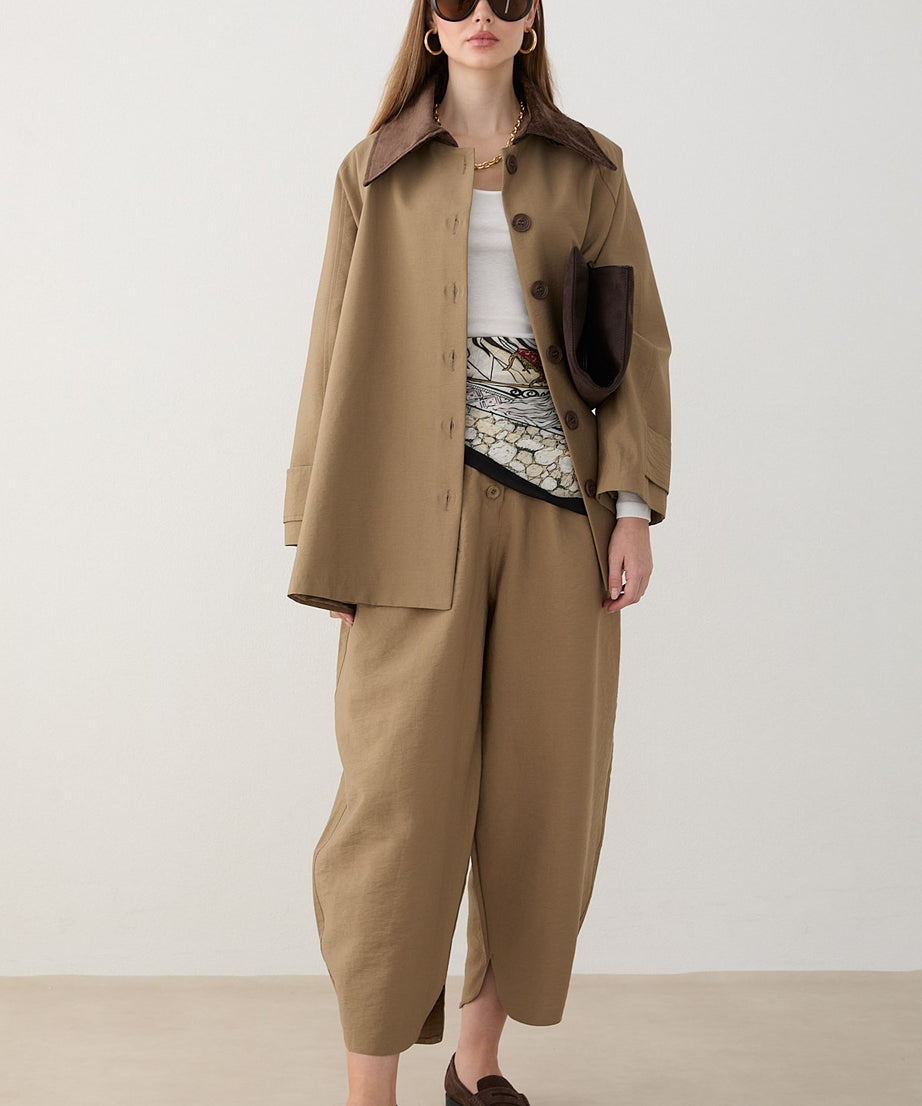 Süet Yakalı Oversize Trenç - Haki