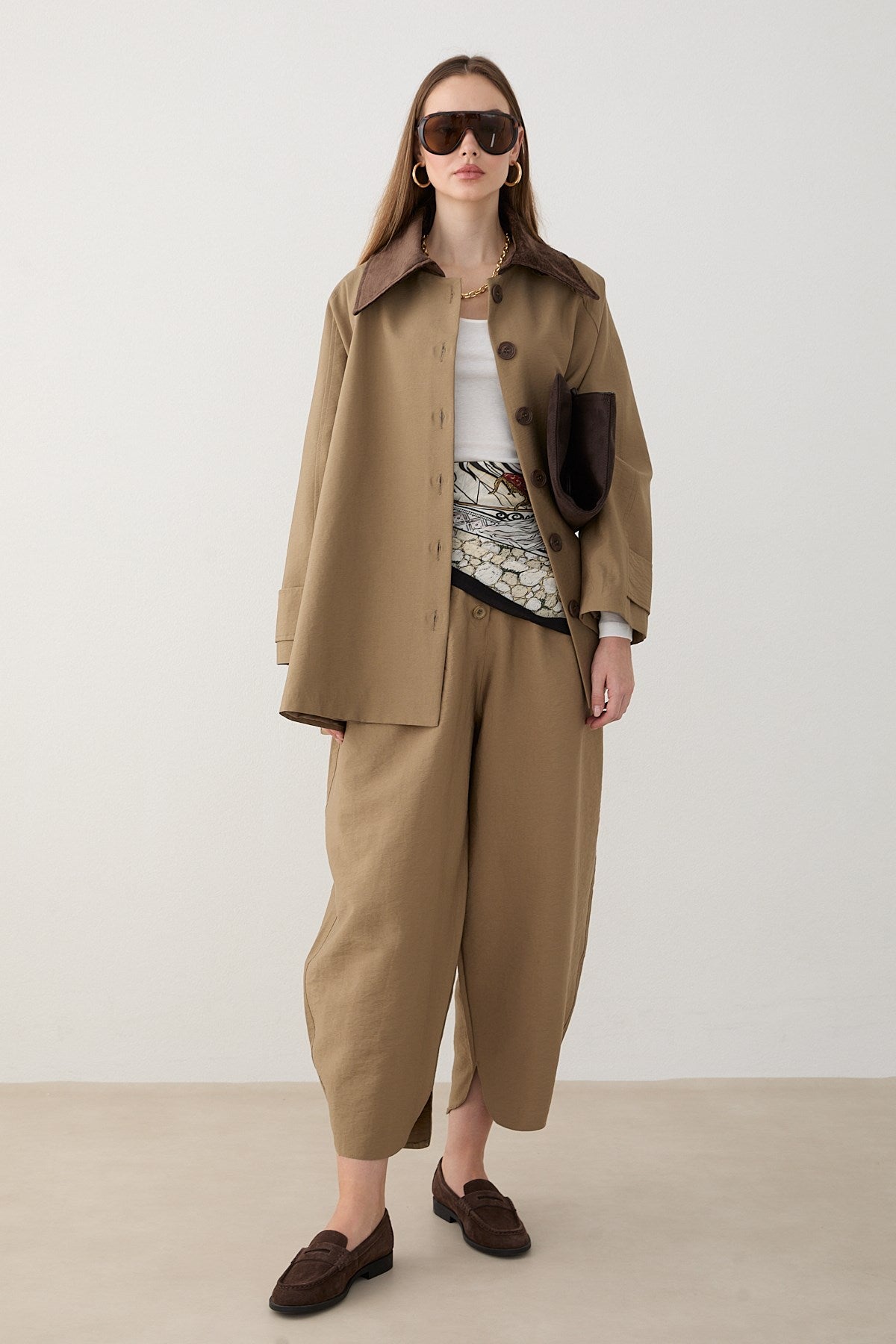 Süet Yakalı Oversize Trenç - Haki