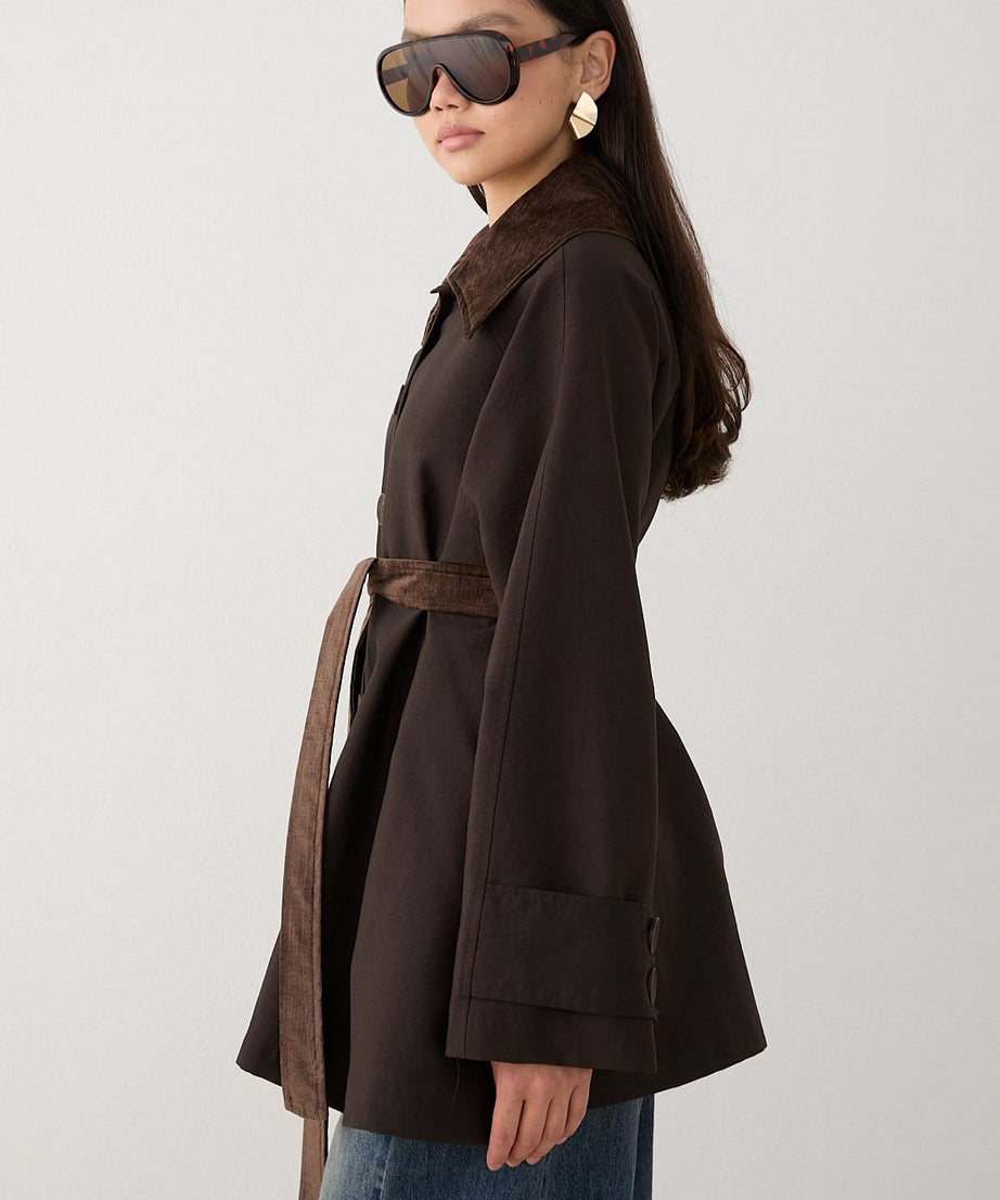 Süet Yakalı Oversize Trenç - Kahve