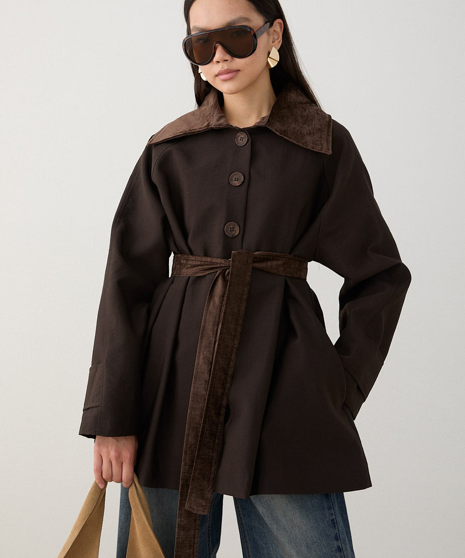 Süet Yakalı Oversize Trenç - Kahve