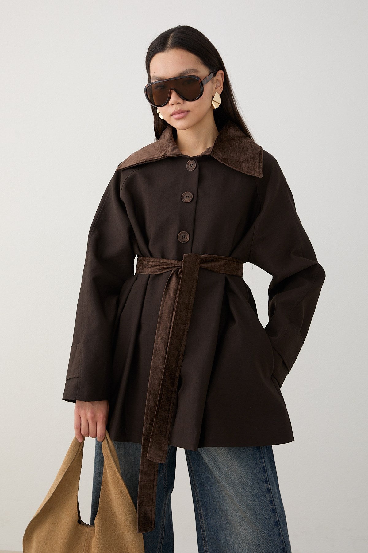 Süet Yakalı Oversize Trenç - Kahve