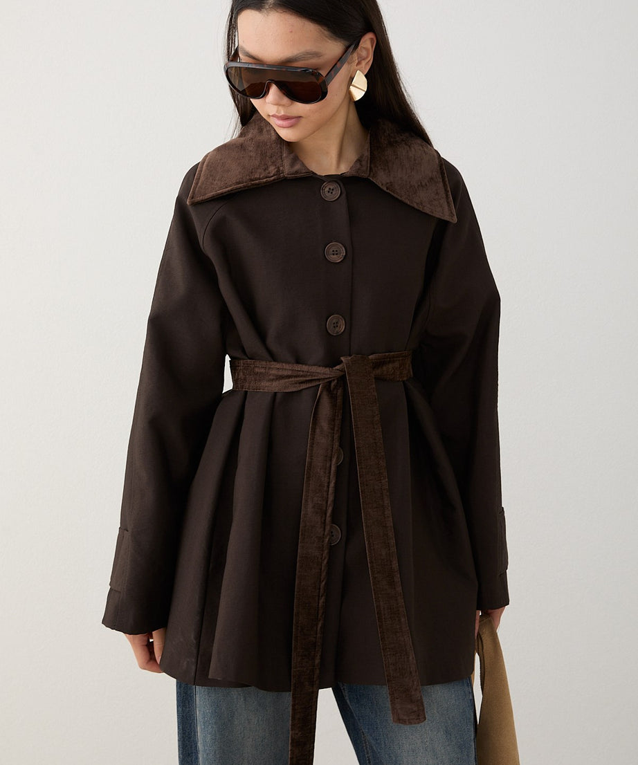 Süet Yakalı Oversize Trenç - Kahve