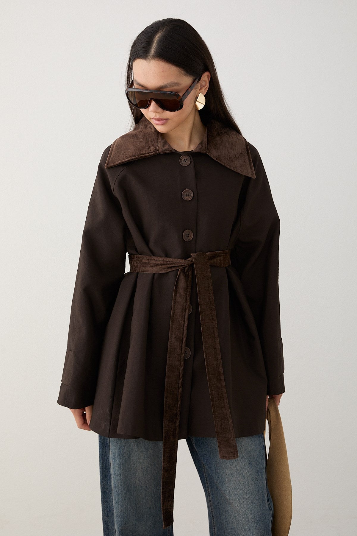 Süet Yakalı Oversize Trenç - Kahve