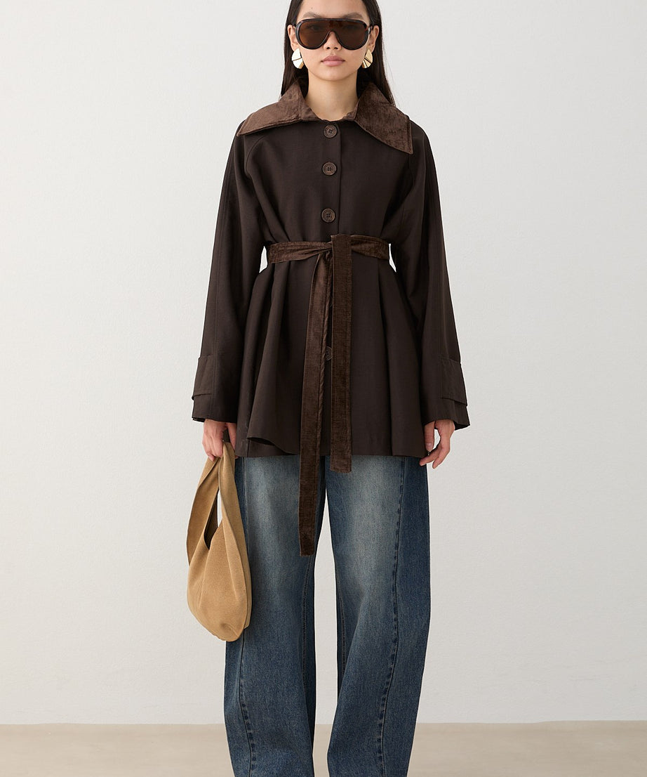 Süet Yakalı Oversize Trenç - Kahve