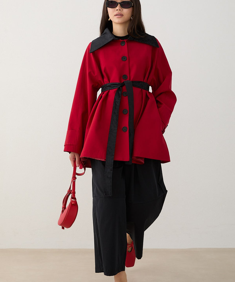 Süet Yakalı Oversize Trenç - Kırmızı