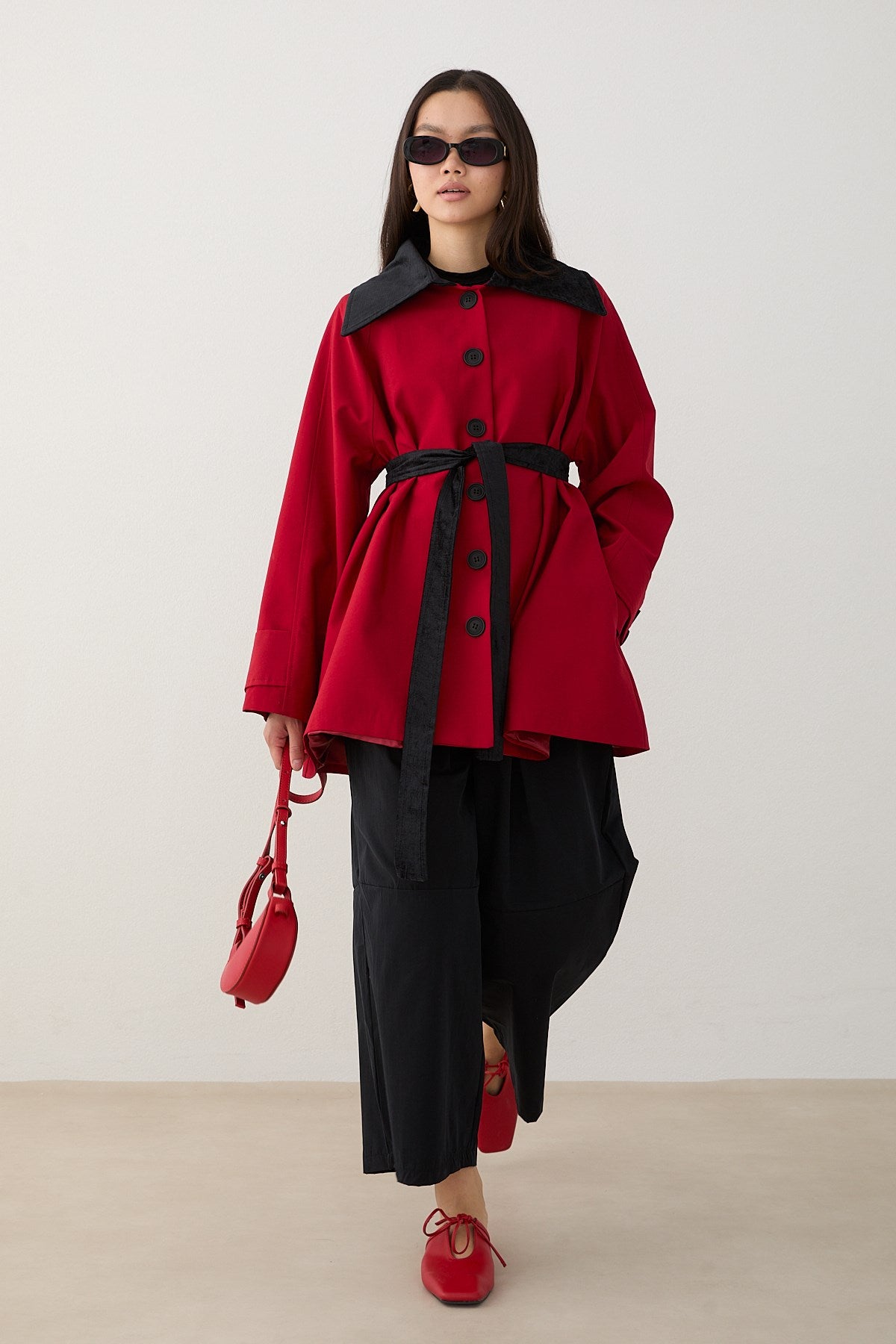 Süet Yakalı Oversize Trenç - Kırmızı