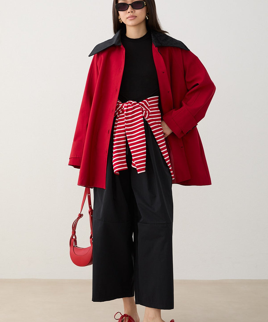 Süet Yakalı Oversize Trenç - Kırmızı