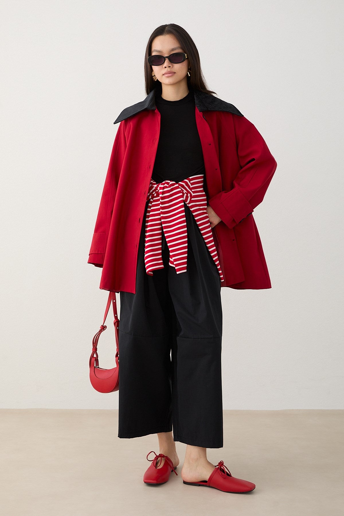 Süet Yakalı Oversize Trenç - Kırmızı