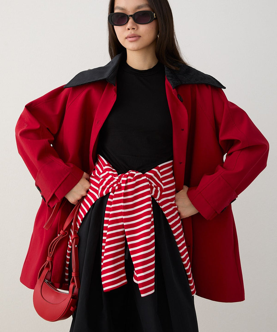 Süet Yakalı Oversize Trenç - Kırmızı