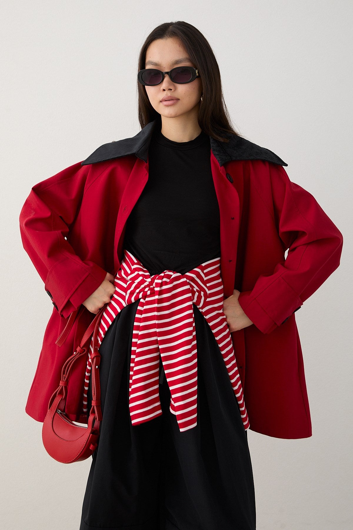 Süet Yakalı Oversize Trenç - Kırmızı