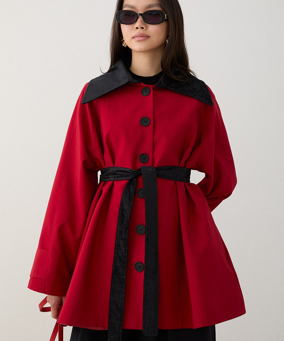 Süet Yakalı Oversize Trenç - Kırmızı