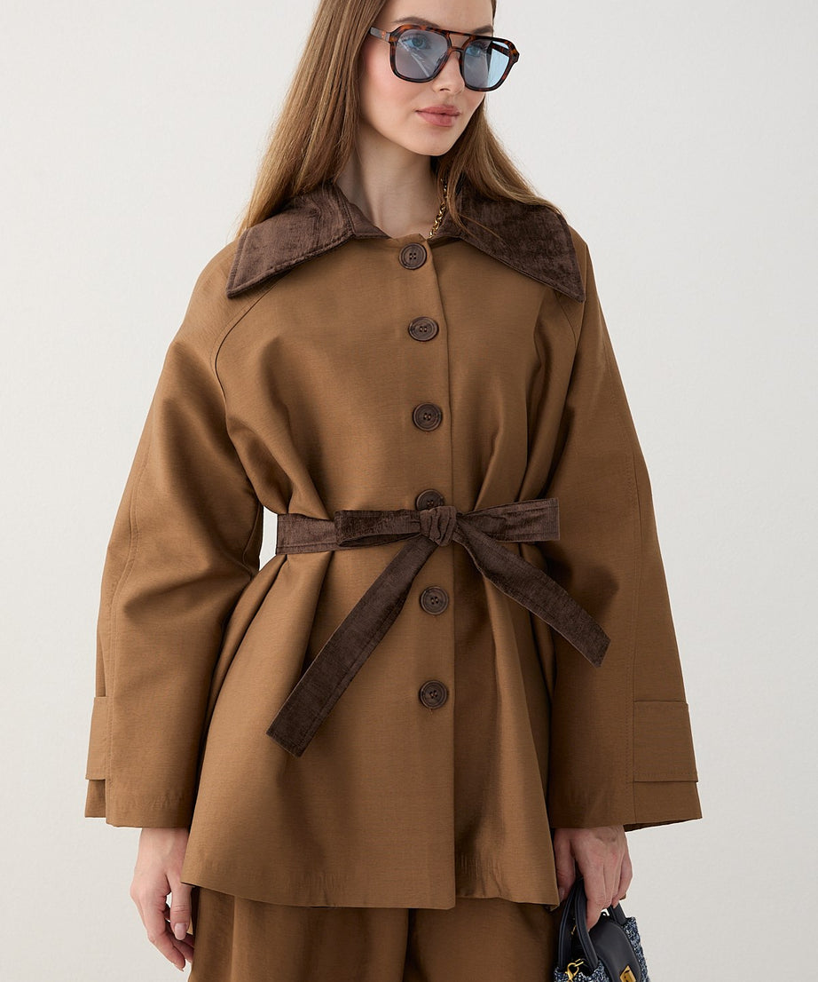 Süet Yakalı Oversize Trenç - Vizon