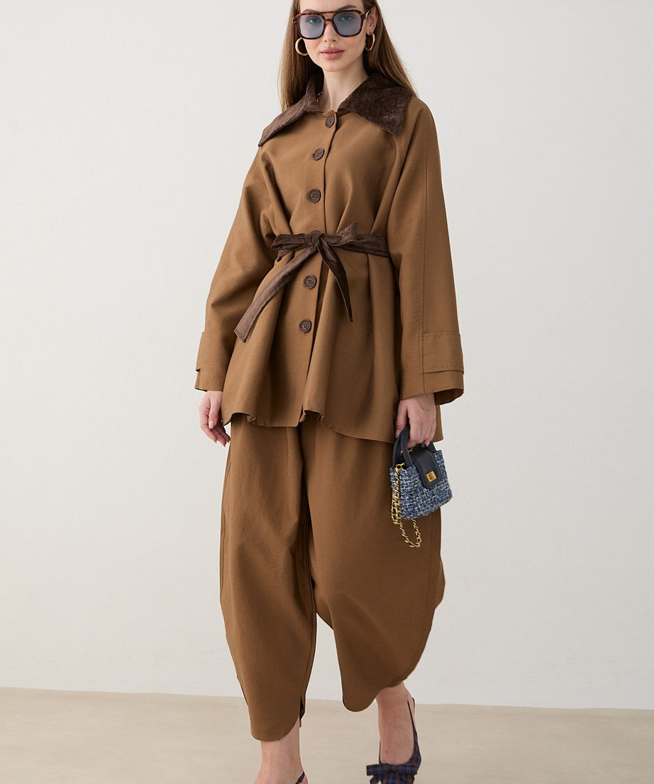 Süet Yakalı Oversize Trenç - Vizon