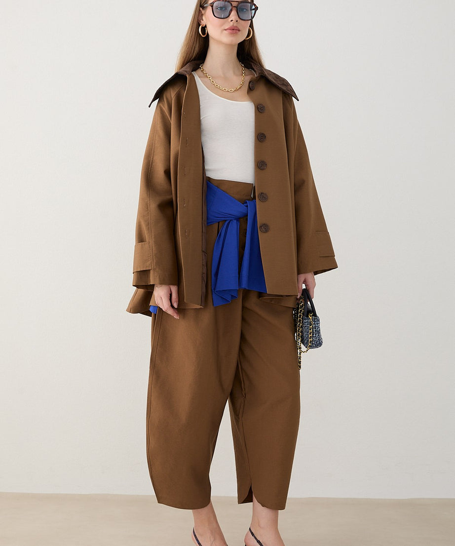 Süet Yakalı Oversize Trenç - Vizon