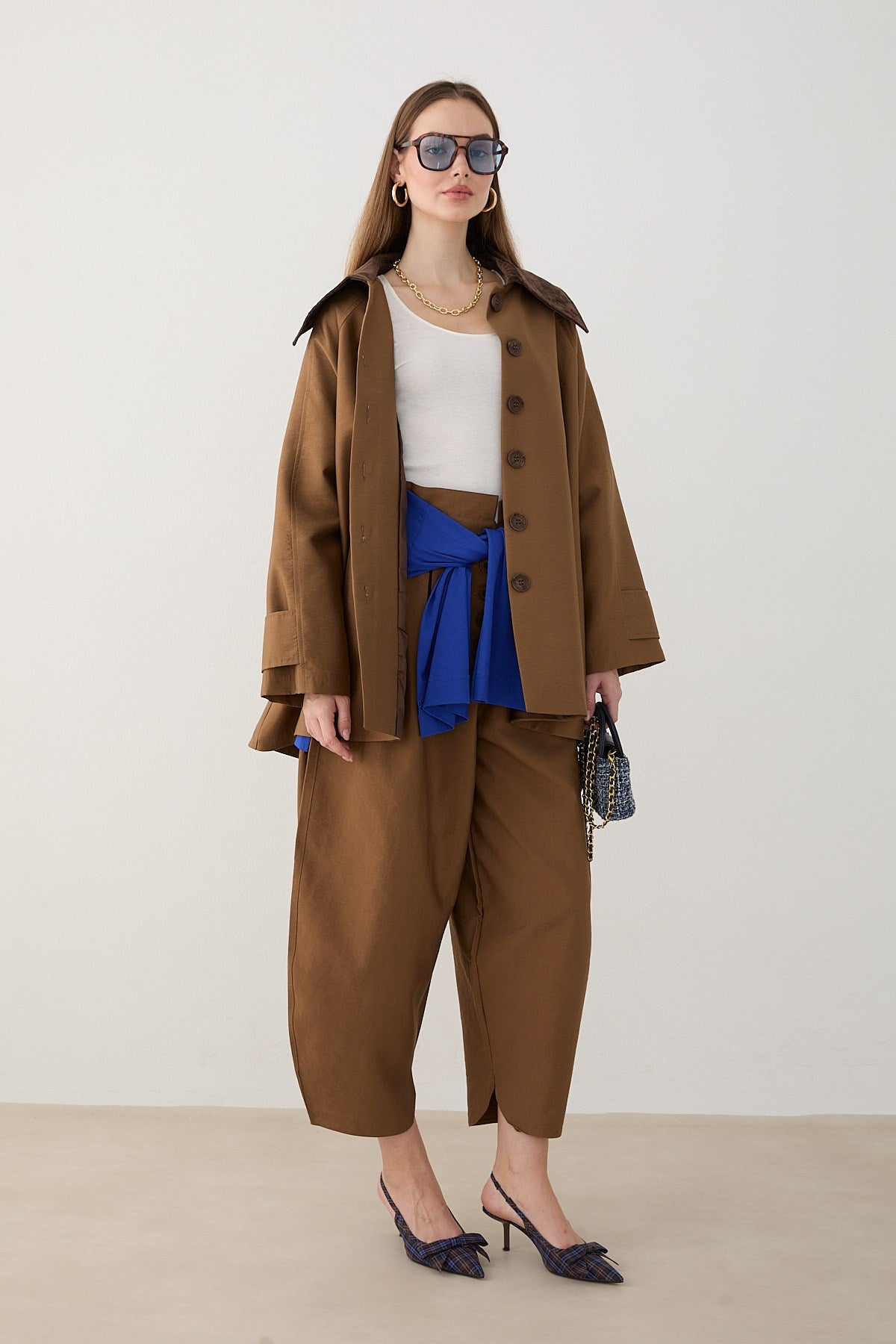 Süet Yakalı Oversize Trenç - Vizon