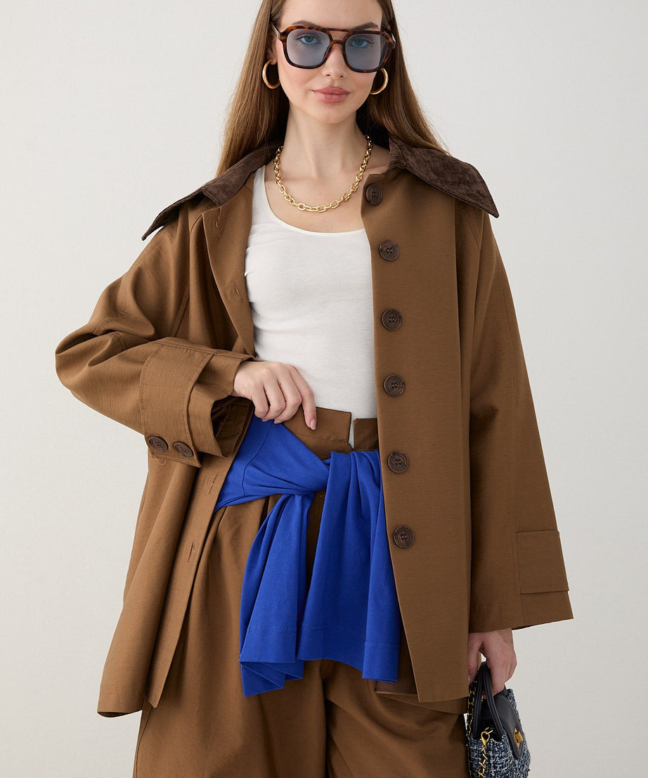 Süet Yakalı Oversize Trenç - Vizon