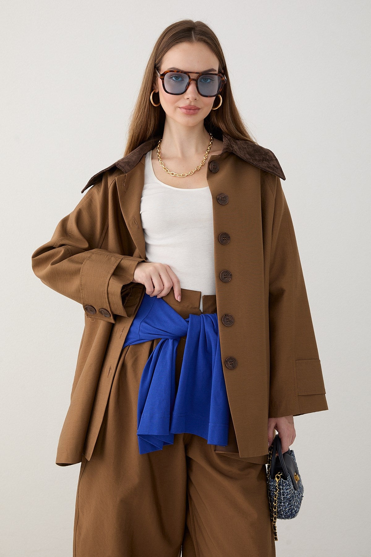 Süet Yakalı Oversize Trenç - Vizon