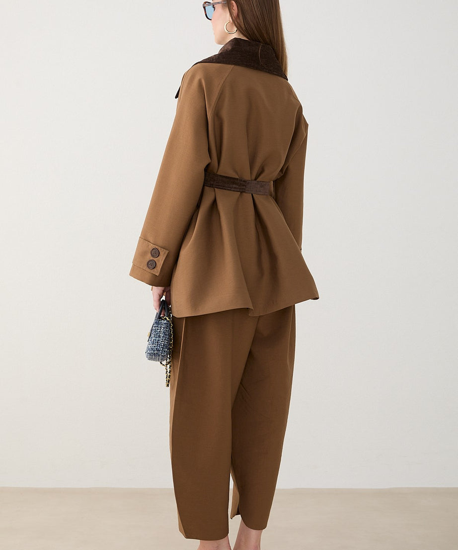 Süet Yakalı Oversize Trenç - Vizon