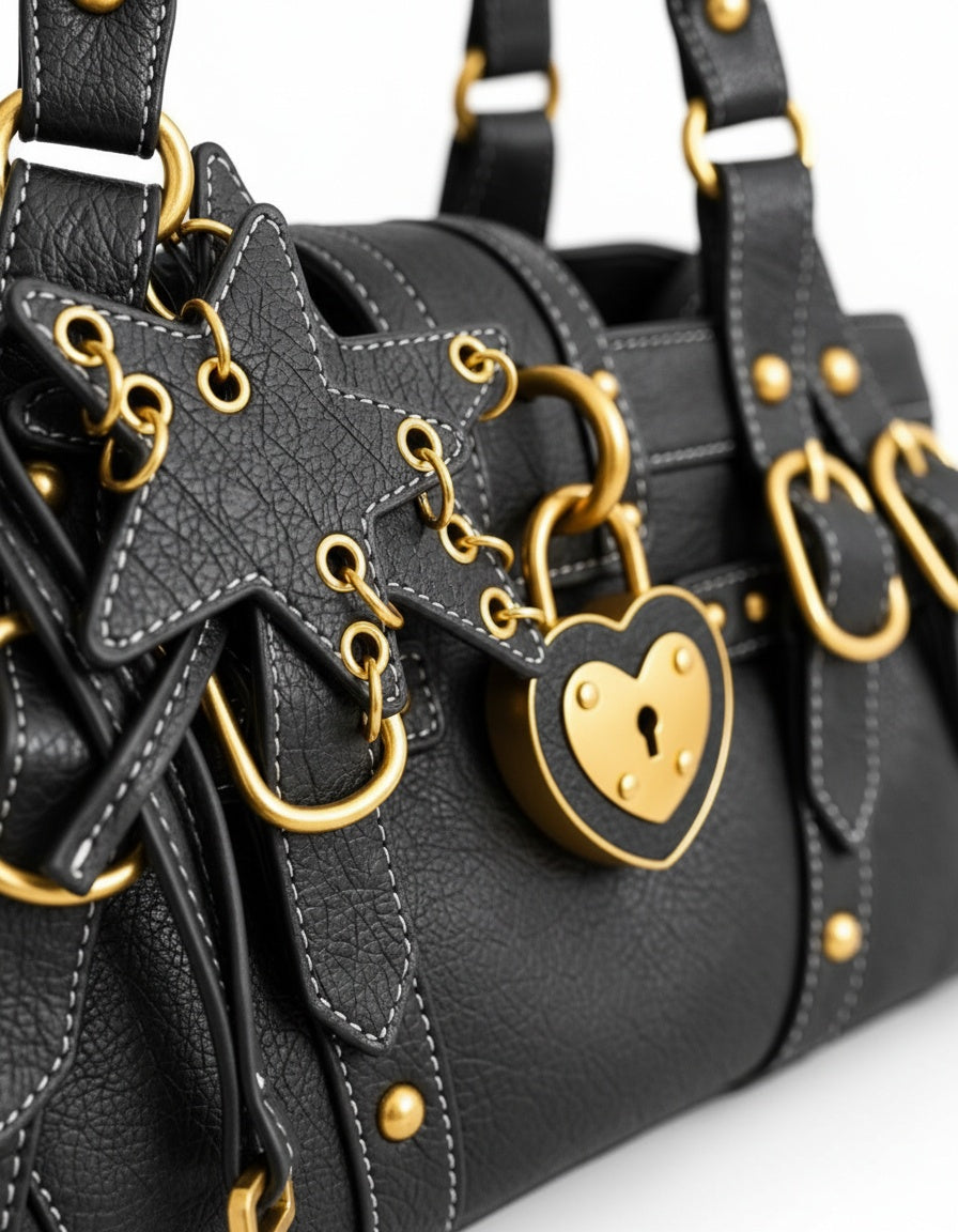 Kısche Kalp Kilitli Charm Detaylı Premium Çanta KISCHE-001 - SİYAH